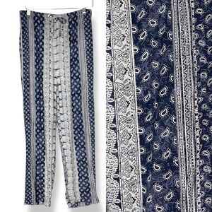 Vintage Boho Pants Women‎ Paisley Stripes Elastic Waist Slight Taper Blue White